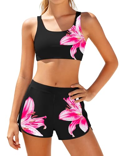 Image of Girls Swimsuit 3 Piece Bathing Suit Criss Cross Bikini Set Girls' Swimwear with Shorts 7-16T
