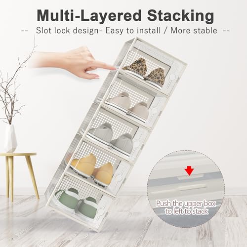Image of Kuject 12 Pack Large Shoe Boxes, Clear Stackable Containers with Lids,White