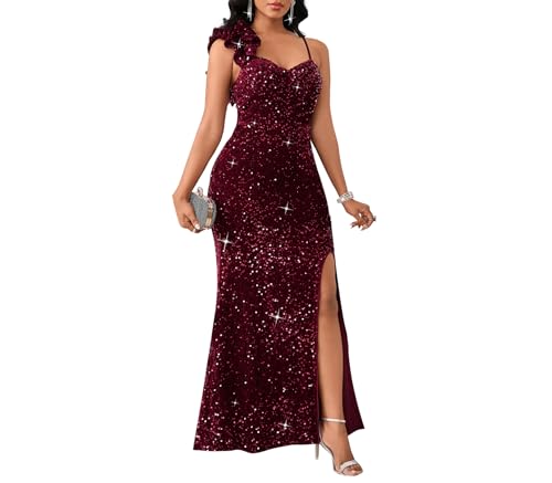 Image of Cololura Women Sexy Elegant Sequin High Split Ruffled Hem Mermaid Party Cocktail Bodycon Formal Evening Gowns Maxi Dress