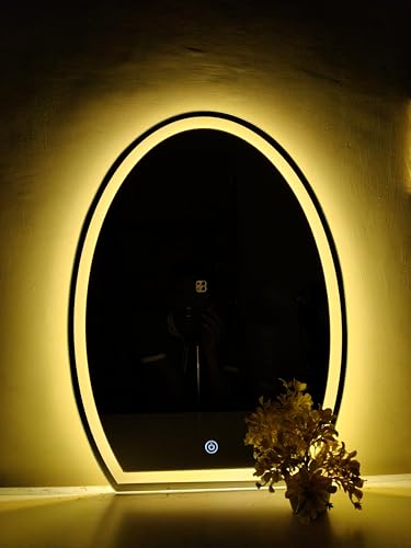 Image of Sunsyze LED Mirror for Bathroom, Washbasin and Office, 18x24 Wall Mounted Half Oval Shape Mirror with Light /3 Color Light (Warm, White and Natural Light) Brightness Adjustable