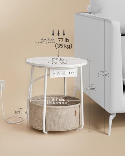 VASAGLE LILEA Collection - Side Table with Charging Station, Round End Table with Fabric Basket, Nightstand with USB Ports, for Living Room, Bedroom, Modern, Matte White and Camel Brown ULET228W01