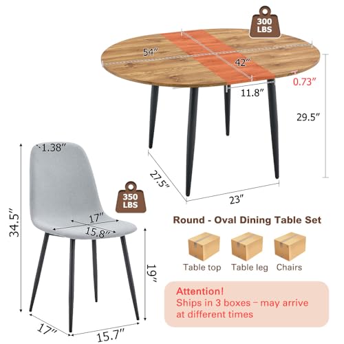 Image of FURNITO Wood Dining Table Set for 6, 42 inch-54 inch Round to Oval Extendable Table with 6 Linen Fabric Chairs, Space-Saving Contemporary Dining Room Table Set for Small Apartments or Kitchens, Easy Assembly