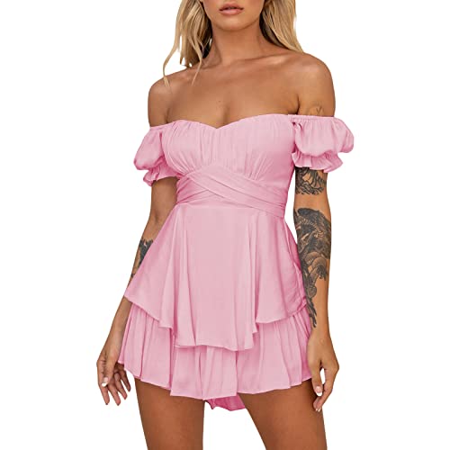 Image of L&ieserram Women's Loose Short Jumpsuit Solid Color Lantern Short Sleeve Off-shoulder Ruched Ruffled Playsuit (Pink, S)