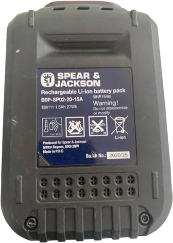 Genuine 18V 1.5 Ah 27Wh B0P-SP02-20-15A Li-Ion Lithium Ion Battery Only Suitable For use with Spear & Jackson 18V lithium ion Battery Power Pack Part Cordless Hedge Trimmer & Grass Trimmer
