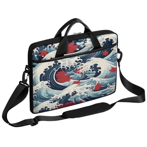 Funda para laptop de estilo retro japonés con diseño de olas del océano, para laptops de 15 pulgadas, bolso informático con correa para hombro, maletín profesional delgado para mujeres y hombres, bolso mensajero para trabajo, oficina y viajes miniatura 1