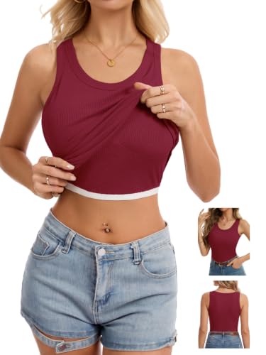 Humordream Women Built-in Bra Tank Tops Sleeveless Racerback Fitted Ribbed Basics Cami Shirts Burgundy