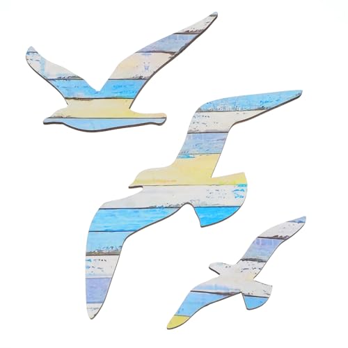 Tyqour 3 Stück Strand Wanddekor Wandkunst Holz Möwe Deko Stranddekorationen mit Möwenmotiven Möwen Wanddekoration aus Holz Blau Strand-Möwendekor für Wohnzimmer, Schlafzimmer,Esszimmer, Strandhaus