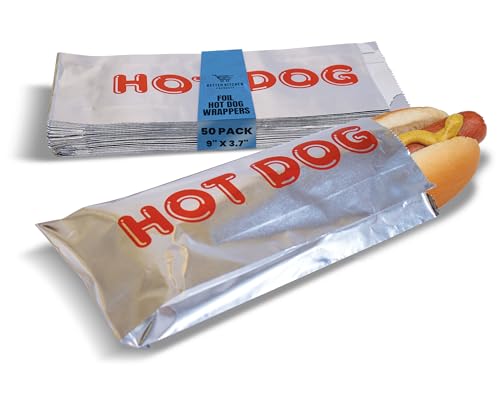 Better Kitchen Products Foil Hot Dog Wrappers 9 x 3.7 Insulated Grease Resistant Hot Bag Sleeves Disposable Foil Paper Hot Dog Bags (50 Pack)