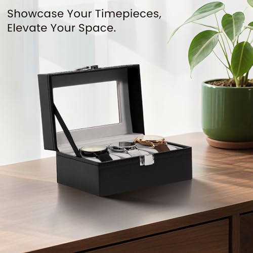 Image of Uten 3-Slot Watch Box, PU Leather Watch Case with Glass Lid, Watch Holder Organizer with Soft Pillow and Velvet Lining, Watch and Jewelry Storage Box