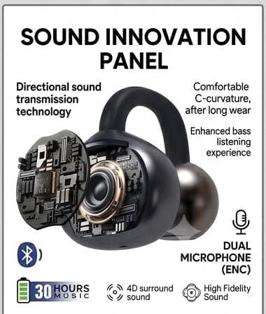 Image of OWS Open Ear Clip-On Wireless Earbuds, Black, 48 Hours Playtime, Bluetooth, with Charging Case /Vel Mobile Solution