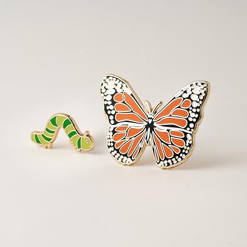 Image of Butterfly & Caterpillar Enamel 2 Piece Pin Gift Set - Cute Nature-Themed Pins for Jackets, Bags, and Accessories - Colorful Collector Pins & Botanical Gift Ideas