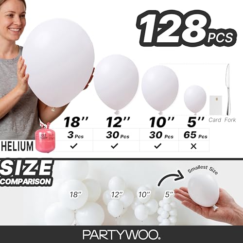 Image of PartyWoo White Balloons 128pcs Matte White Latex Balloons Different Sizes | 18 12 10 5 Inch for Wedding Bridal Graduation Baby Shower Birthday Bridal Shower Gender Reveal Party Decorations White-Y13