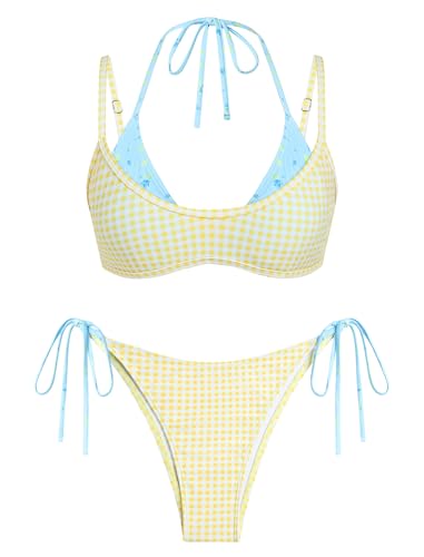 Image of ZAFUL Women's Polka Dot Bikini Set Double Layer Halter Swimsuit Colorblock Side Tie 2 Piece Bathing Suit