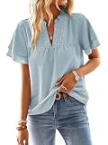 TUUHAW Camiseta Mujer Cuello en V Top Mujer Verano Elegantes Manga Corta Volantes Boho Blusa Encaje Túnica Suelto Basica Plisada Camisa Pullover Simples Informal Clásico Cómodo Ropa Gris Verde XL