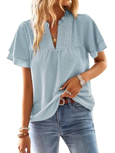 TUUHAW Top Damen Sommer Boho Bluse Kurzarm Oberteile Fließend Elegant V-Ausschnitt T Shirt Lässig Outfits Spitze Kleidung