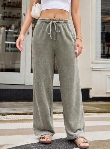 SHEWIN Pants for Women Casual Drawstring Elastic Waisted Wide Leg Pants Loose Fit Lounge Comfy Pants with Pockets Forest Green — view 2