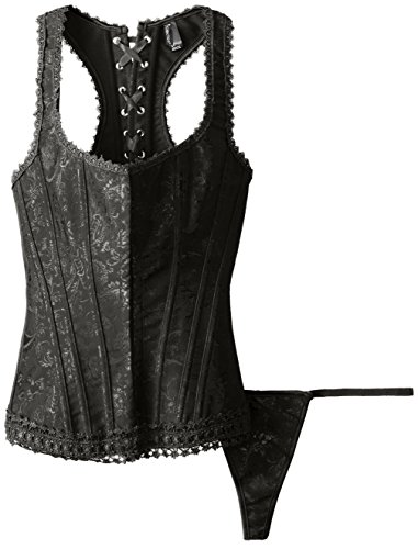 iCollection Women's Brocade Racerback Corset and G-String, Black, 36