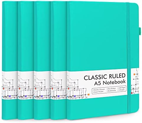 feela 5 Pack A5 Notebooks Hardback, Notepads A5 Ruled Lined (120 GSM), Journal Notebook Multipack with 5 Black Gel Pens for Business Work, Journaling, Note Taking, 128 Pages, 21 x 13 cm, Yellow