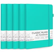 feela 5 Pack Notebooks Journals Bulk, Hardcover Notebook Classic Ruled Lined Journals with Pen Holder for Women Girls School Business Supplies, with 5 Black Pens, 120 GSM, 5.1x8.3, A5, Aqua