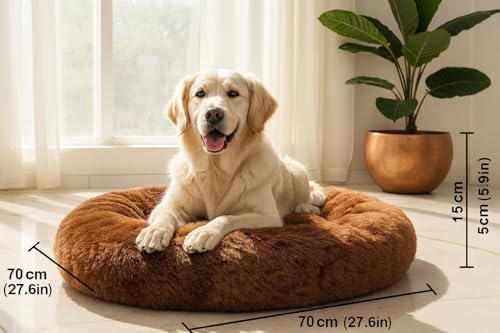 Image of ZEXSAZONE Round Donut Pet Bed for Cats and Puppies Dogs mat, Cozy and Plush, Raised Bedside Support, Both Sides Use Like 2 in 1, Washable, Sizes for Small, Medium Pets. Coffee, Size- 70x70x15 cm