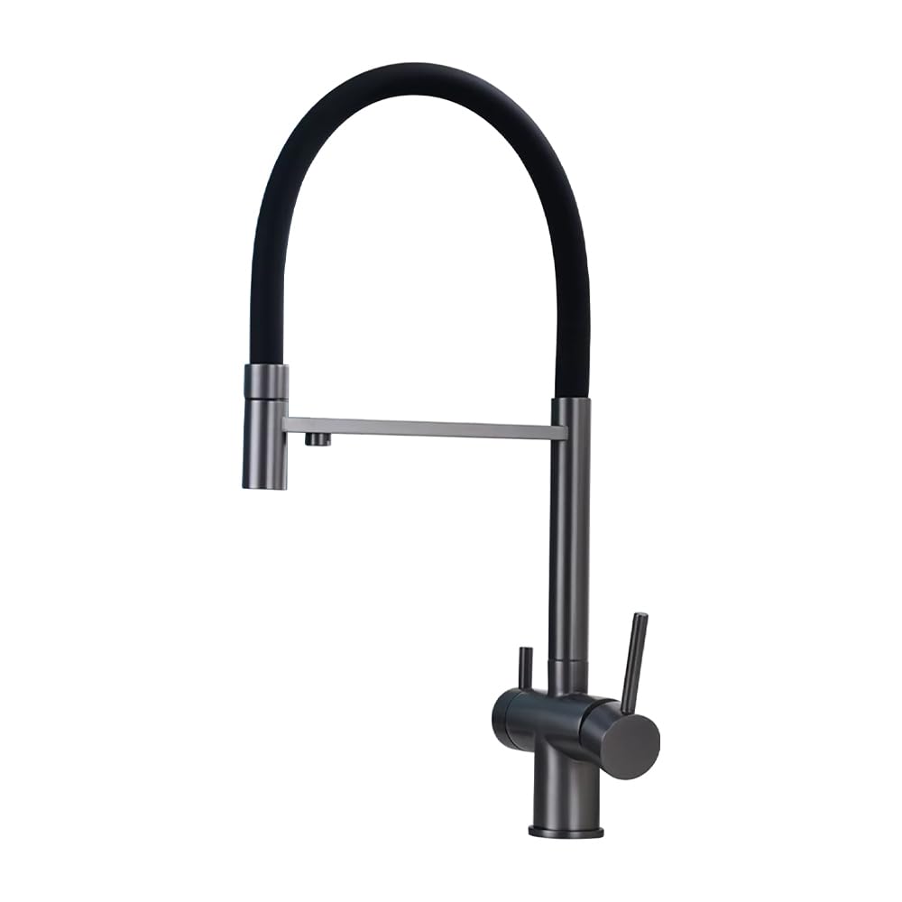 GLETSF Dual Lever Kitchen Sink Mixer Tap with 360 Rotation Brass 2-Hole Faucet Black Silicone Hose Water Filter Purification for Bar Use - LWX,