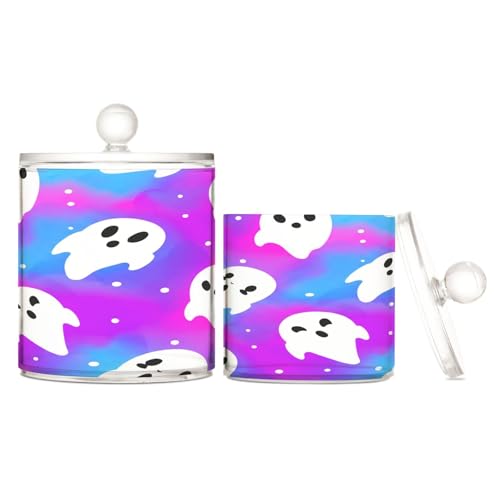 BOESI Bathroom Organizer Set of 2, Cotton Swab Caddy with Lid Dispenser, Cute Cartoon Ghost