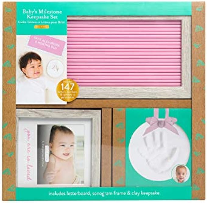 Kate & Milo Baby Gift Set, Includes Letterboard, Baby Hand or Footprint Ornament and Picture Frame, Baby Girl Gift, Pink
