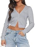 LEEDYA Open Front Cardigan for Women Long Sleeve Y2K Bolero Cropped Shrug Sweater V Neck Casual Blouse Top Grey M