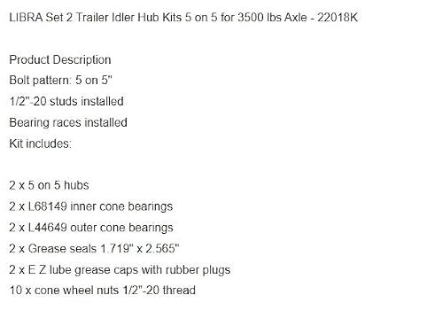 5 Lugs Trailer Idler Hub Kits 5 on 5 5x5 for 3500 lbs Trailer Axle Pack 2, Replacement for Libra OEM