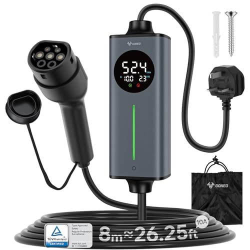 GONEO EV Charger UK 3 Pin Plug to Type 2 | 8M Portable Electric Car Charger Cable 10A 2.3kW | Temperature Monitoring & AC 30mA DC 6mA Leakage Protection | Adjustable Current & Timer for Home Charging