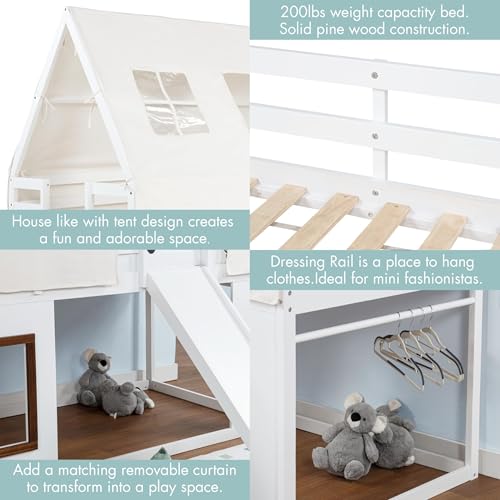 Spirich Wood Twin Over Twin Bunk Bed with Slide and Ladder, Kids House Bunk Bed Frame with Tent Roof Cover,Windows, White