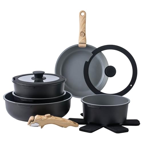 Country Kitchen 16 Piece Pots and Pans Set - Safe Nonstick Ceramic Coating Kitchen Cookware with Soft Touch Wooden Removable Handle, RV Cookware Set, Oven Safe (Black/Grey)