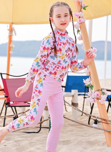 Image of Girls Two Piece Swimsuit Long Sleeve Floral Bathing Suit UPF 50+ Summer Beach Swimwear