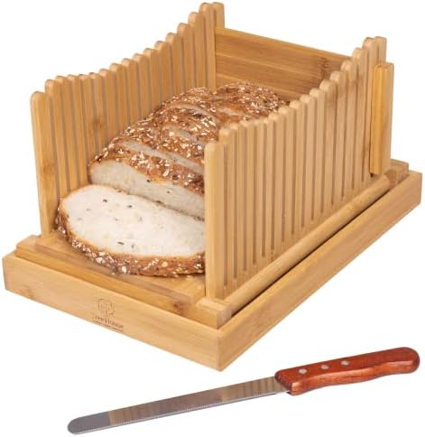 Bamboo Bread Slicer with Premium Stainless Steel Bread Knife - Foldable Bread Cutter with Crumbs Catcher - Lightweight And Easy To Store Manual Bread Slicer - Easy To Use On All Bread Types