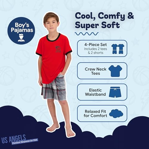 Image of US Angels Pajamas Set for Boys, 4-Piece Set, Short Sleeve Shirt with Pajama Shorts