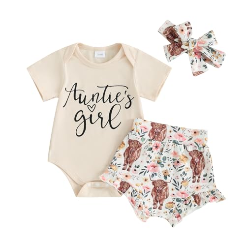 Image of Newborn Baby Girl Summer Outfits Auntie's Bestie Short Sleeve Romper Floral Print Shorts Headband 3Pcs Cute Clothes