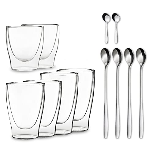 DUOS® Jumbo 6er Set Latte Macchiato Doppelwandige Gläser - 2x 80ml + 2x 310ml + 2x 410ml + 6x Löffel, Kaffeegläser für Cappuccino & Latte Macchiato