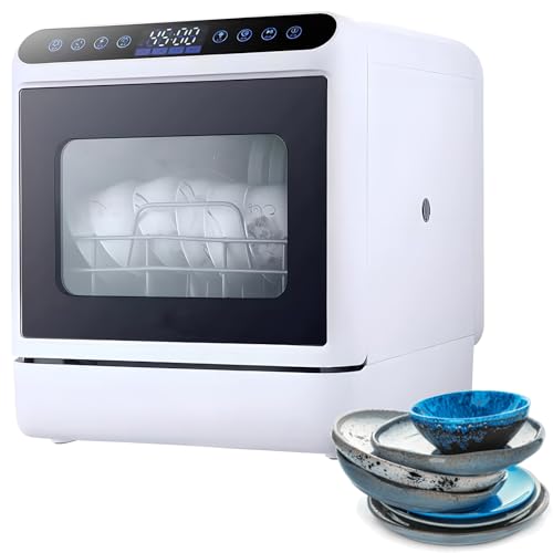 Minilavavajillas Portátil Compacto de Sobremesa con Depósito de Agua de 5 L, con Entrada y Salida de Agua, 4 Modos de Lavado y Secado con Aire Caliente, para Lavar Platos, Frutas y Verduras