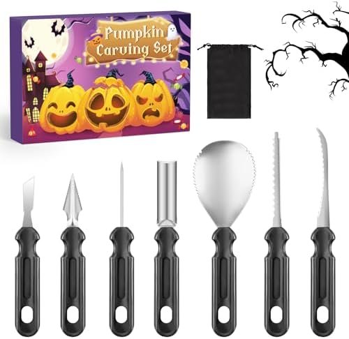 YAVOCOS Halloween Kürbis Schnitzset - 7 Stück Kürbis Schnitzmesser Set Professionelle Schnitzwerkzeug Kürbis mit Aufbewahrungstasche Edelstahl Kürbisschnitzwerkzeuge für Halloween