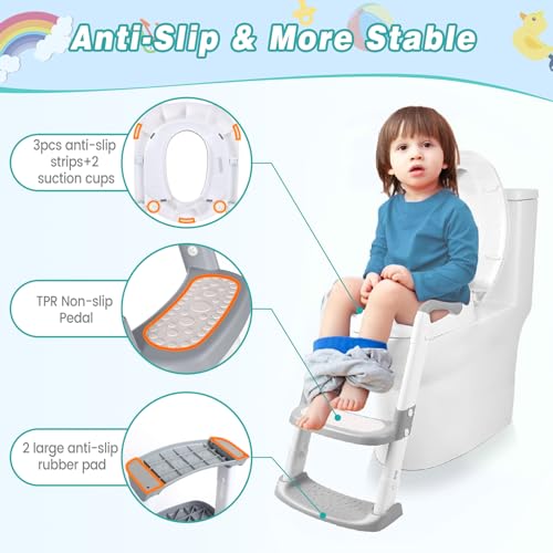 Potty Training Seat for Kids with Step Stool Ladder, Toddler Potty Training Toilet Seat for Baby Boys, Toddler Toilet Potty Chair(Grey)
