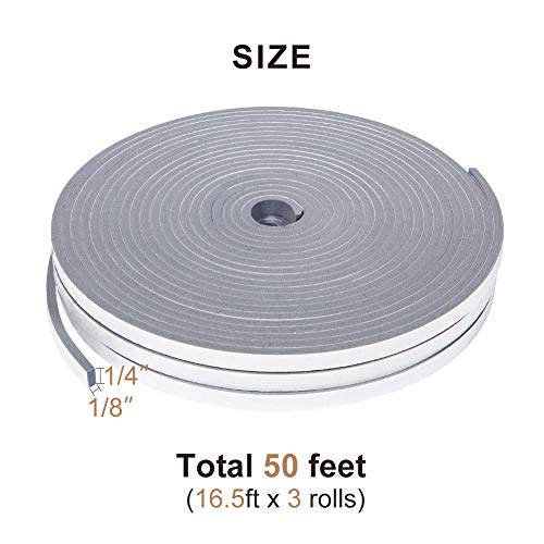 Yotache Gray Thin Windows Doors Weather Stripping 3 Rolls 1/4 Inch Wide X 1/8 Inch Thick, Adhesive High Density Foam Sealing Gasket Tape, Total 50 Feet Long (3 X 16.5 Ft Each) #TOP1