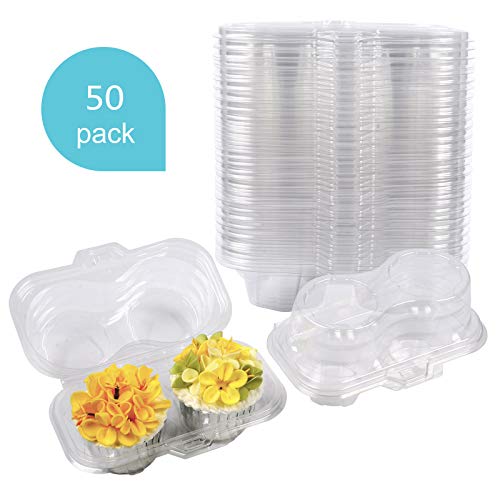 Sharlity Plastic Cupcake Containers 2 Compartment Disposable Cupcake Holders Plastic Cupcake Carrier with Deep Dome(50 Pack)