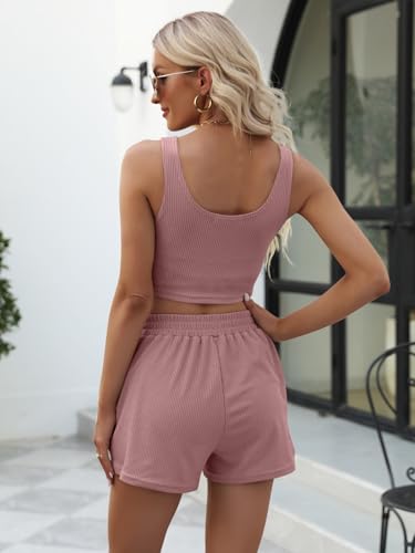 Image of Trendy Queen Two Piece Summer Outfits 2 Piece Sets 2026 Sleeveless Matching Lounge Crop Top High Waisted Short