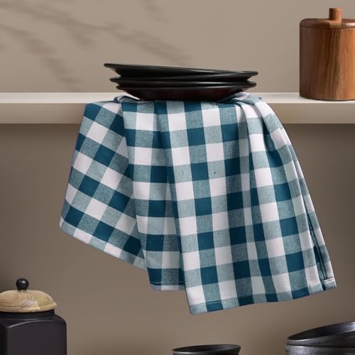 Image of Gingham Checked Kitchen Dish Towels 12 Pack, 18 inchx26 inch, 100% Cotton, Quick Dry Wash Rags, Reusable Dishcloths Set, Machine Washable, Absorbent Hand Towel - Teal Green, White