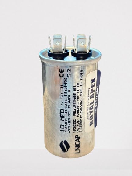 Royal Apex Burst Proof 2 Pin Round Capacitor with Aluminium Housing for AC, Motor Compressor etc | EN60252 CES2 RoHS Standards | Made in India (2 PIN 10MFD (10µF))