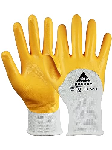 12 Paar - ERFURT, 5-Fg.-Sicherheitshandschuhe Nitril gelb, teilbesch. - HASE - 901300 - Größe 9