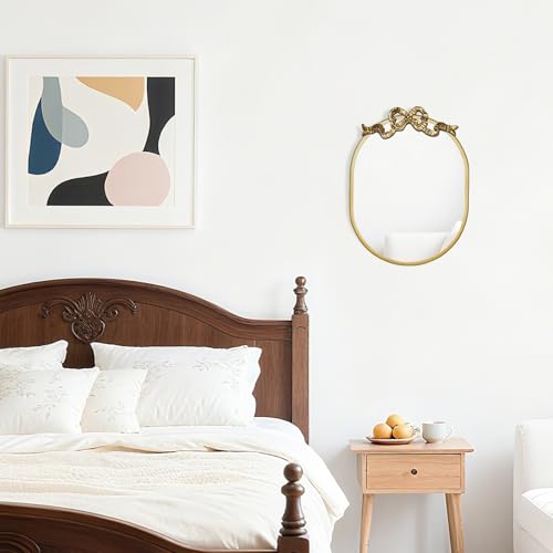 Image of SANY DAYO HOME Wall Hanging 16″ x 12″ Gold Metal Framed Oval Mirror with Decorative Bow, Modern Farmhouse Real Glass Accent Mirror for Vanity, Bathroom, Entryway