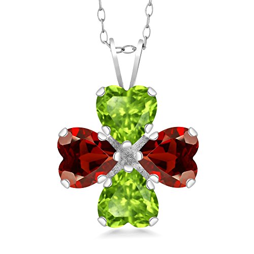 Gem Stone King 925 Sterling Silver Green Peridot and Red Garnet 4 Heart Shape Gemstone August Birthstone Pendant Necklace For Women (3.46 Cttw, 6MM Heart, with 18 Inch Silver Chain)