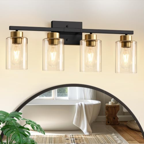Image of IZORRO Bathroom Light Fixtures, Modern Vanity Lights, Bathroom Lighting Fixtures Over Mirror with Clear Glass Shade, Wall Sconce for Living Room Cabinet Bedroom (Black and Gold, 4-Light)