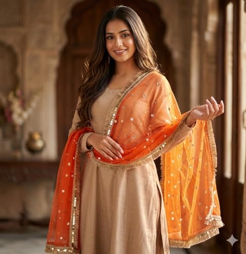 Image of Navti Creations Women's Lightweight Net Dupatta With Sequence Embroidery & Kiran Border (Length 2.25m)